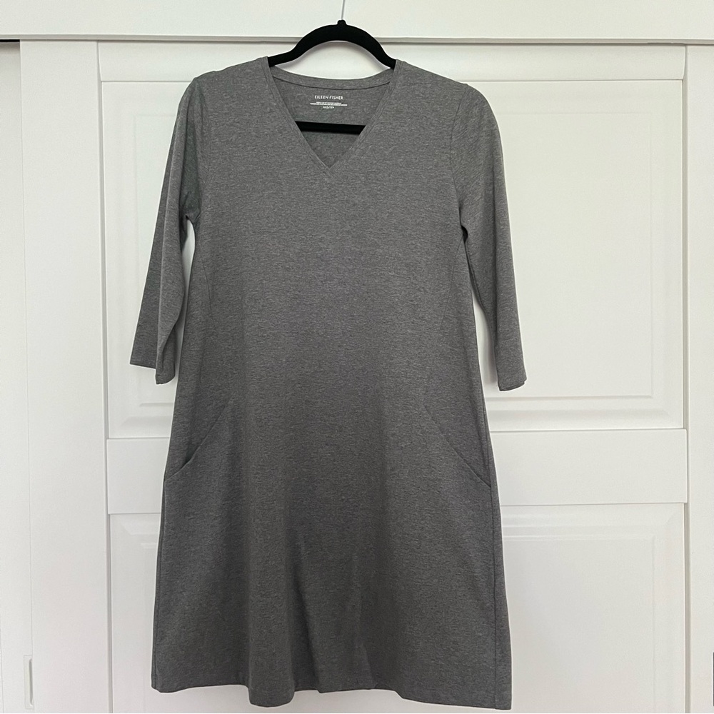 Eileen Fisher V-neck 3/4 sleeve, cotton/spandex dress w/ pockets- XXS/TTP